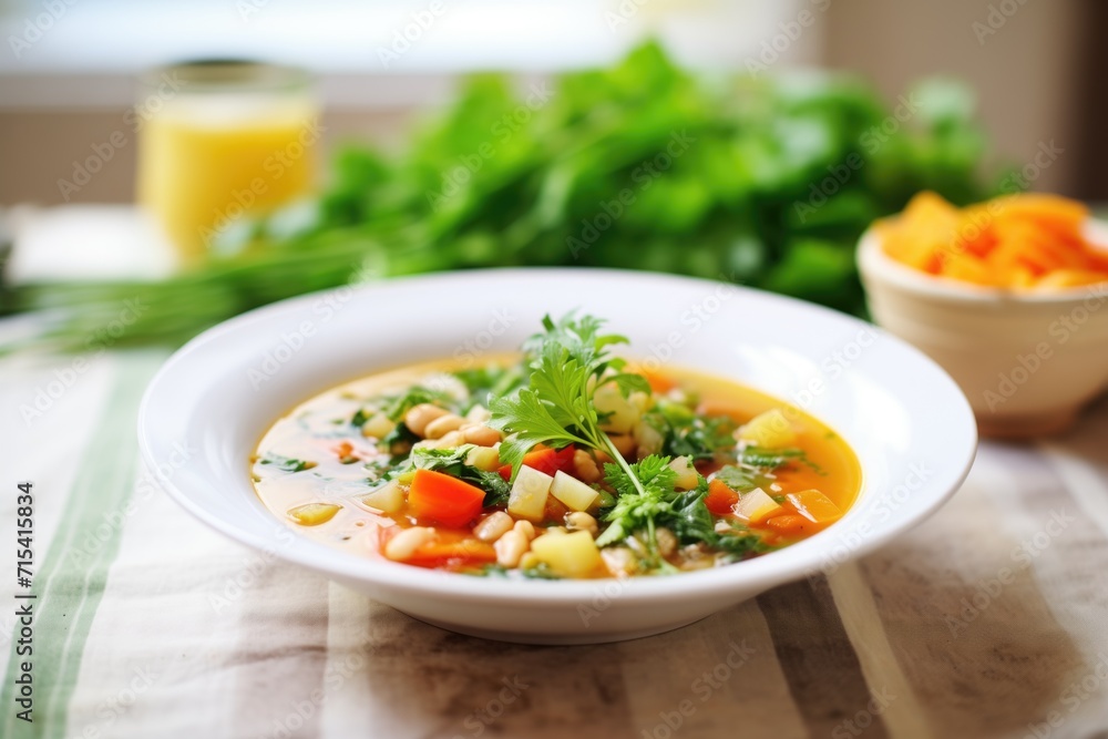 minestrone with fresh parsley, bright kitchen