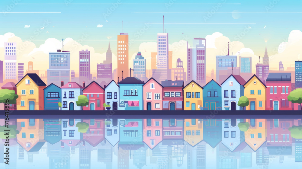 City building houses view skyline background real estate cute town concept horizontal banner flat vector illustration 