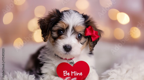 A cute puppy with a red bow and a heart-shaped tag saying “Be Mine” photo