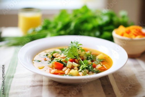 minestrone with fresh parsley, bright kitchen