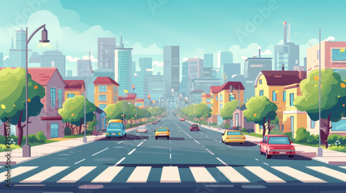 Flat vector cartoon style illustration of urban landscape road with cars skyline city office buildings and family houses in small town village in backround.  photo