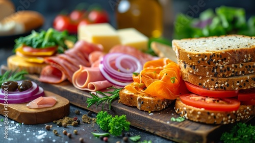 Sandwich Ingredients Array arrangement of fresh and diverse sandwich ingredients, such as bread, meats, cheeses, vegetables, and condiments