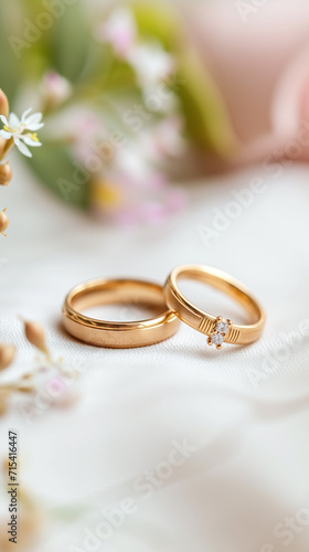 A pair of gold wedding bands on a soft background, symbolizing marriage and love, with delicate floral accents