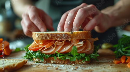 Sandwich Making, hands carefully layering and arranging ingredients on slices of bread, showcasing the thoughtfulness in creating a balanced and visually appealing sandwich.