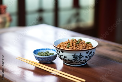 bowl of natto with chopsticks on wooden table photo