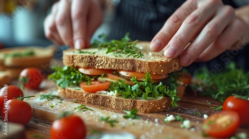 Sandwich Making  hands carefully layering and arranging ingredients on slices of bread  showcasing the thoughtfulness in creating a balanced and visually appealing sandwich.