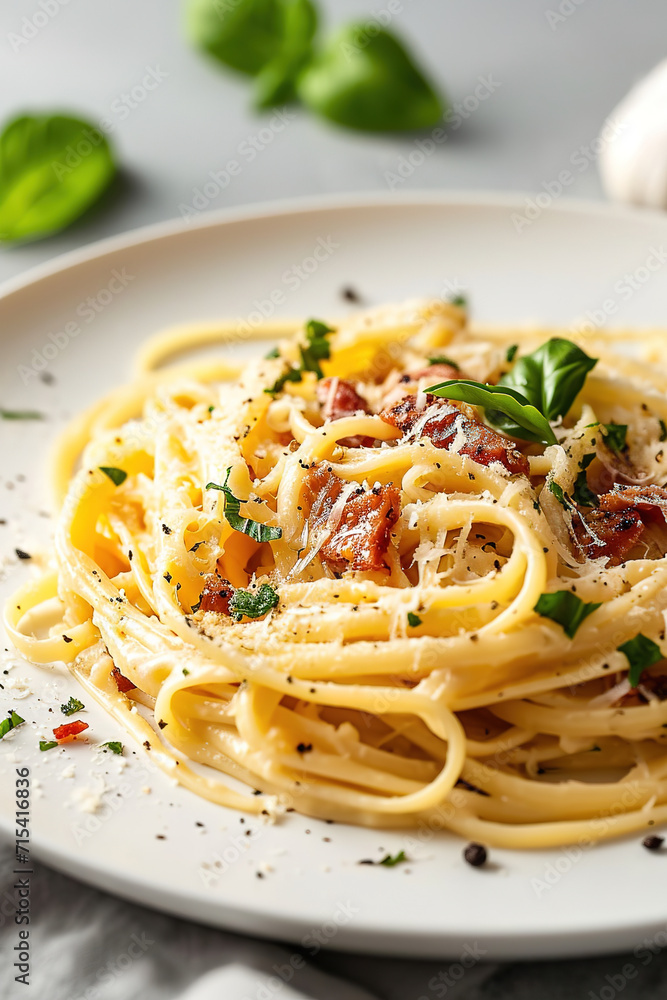 Pasta carbonara, with empty copy space, food advertising, professional food photography Pasta carbonara, with empty copy space, food advertising, professional food photography