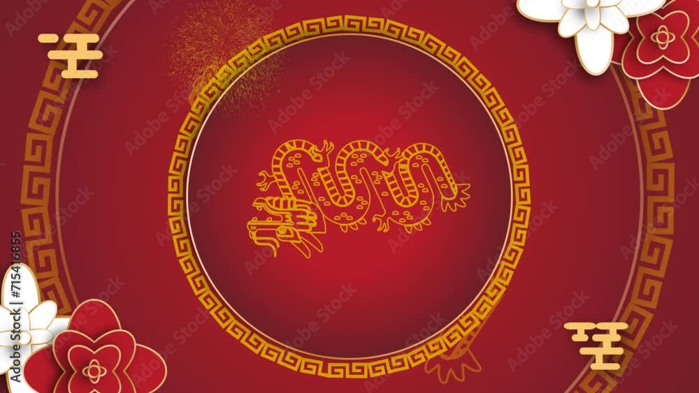 Happy chinese new year background animation with red lanterns, chinese ornaments and moving dragons looping 4k video Happy chinese new year background animation with red lanterns, chinese ornaments and moving dragons looping 4k video