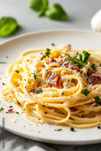 Pasta carbonara, with empty copy space, food advertising, professional food photography