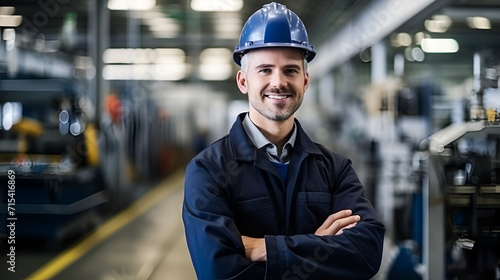 happy factory worker wearing a hard hat and work clothes