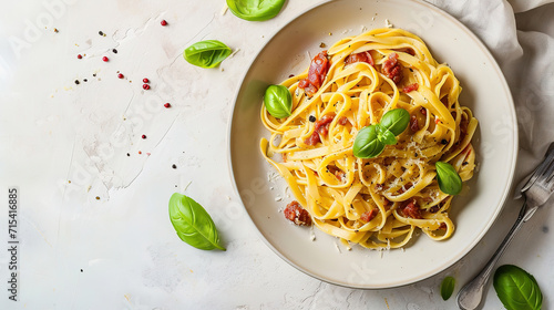 Pasta carbonara, with empty copy space, food advertising, professional food photography photo
