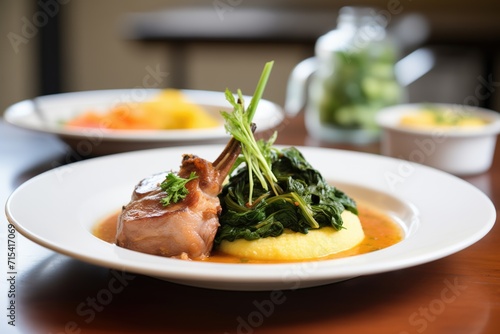 osso buco served with a side of polenta and greens photo