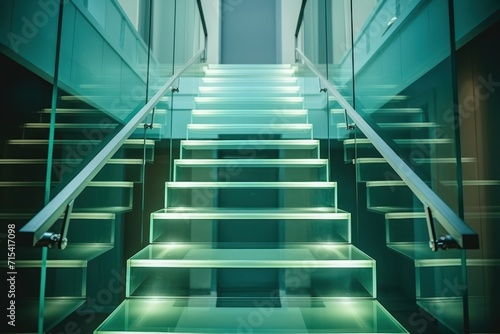  a set of stairs with illuminated steps leading up to the second floor of a building with glass railings and handrails.