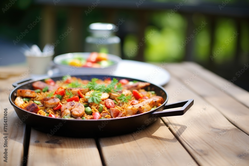 paella with chicken and chorizo on a rustic wood table