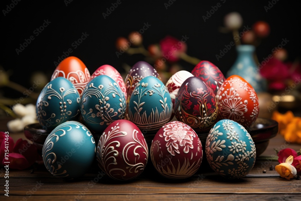 a group of painted eggs sitting on top of a table next to a vase filled with red and blue flowers. a group of painted eggs sitting on top of a table next to a vase filled with red and blue flowers.