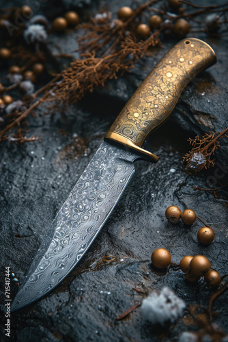 One Stylish Damascus steel kitchen knife on a wooden board