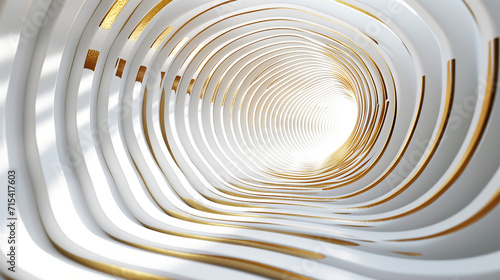 Abstract image of a tunnel hallway with white and gold curves swirling inward., 3D illustration. 