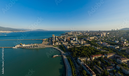 Novorossiysk  Russia - September 16  2020  Central part of the city. Port in the Novorossiysk Bay. Aerial view