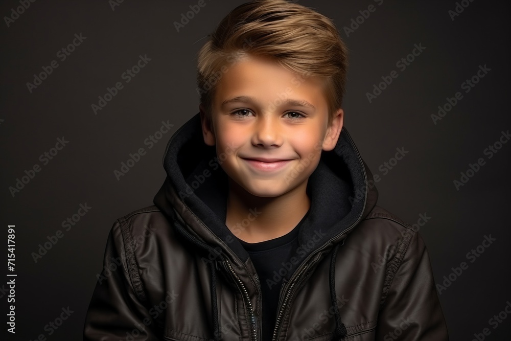 Portrait of a young boy in a black leather jacket, smiling at the camera. Portrait of a young boy in a black leather jacket, smiling at the camera.