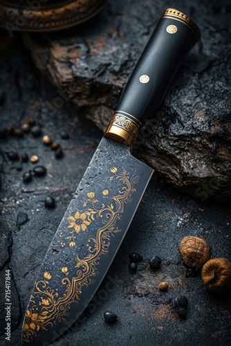 One Stylish Damascus steel kitchen knife on a wooden board