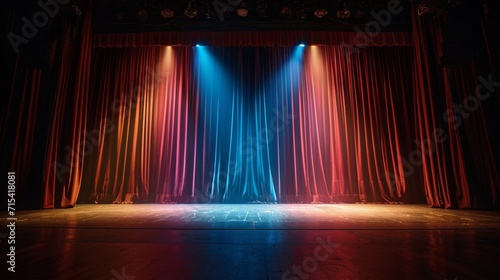 Theater stage light background with spotlight illuminated the stage for opera performance. Empty stage with bright colors backdrop decoration. Entertainment show. Stage curtain