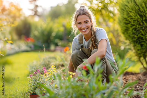 Photo of nice woman happy working in garden