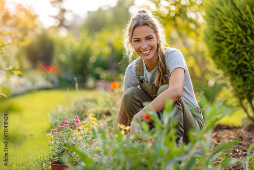 Photo of nice woman happy working in garden photo