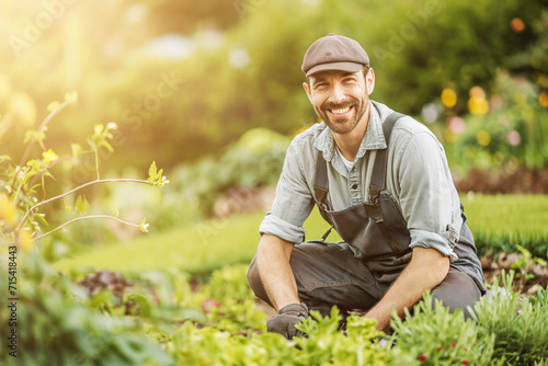 Photo of happy male working in the garden photo