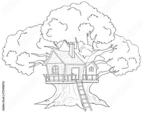 Black and white drawing of a whimsical treehouse