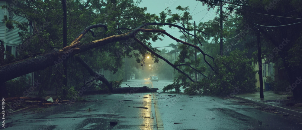 Aftermath of a storm with a fallen tree blocking a wet suburban road ...