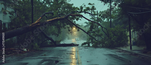 Aftermath of a storm with a fallen tree blocking a wet suburban road under a gloomy sky photo