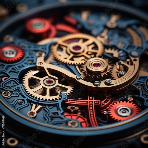  a close up of a watch face with a red and blue clock face on the side of the watch face.