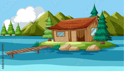 Vector illustration of a cabin by a mountain lake.