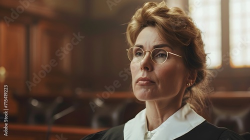 Portrait of a white middle-aged female judge on duty against court atmosphere background, background image, generative AI photo