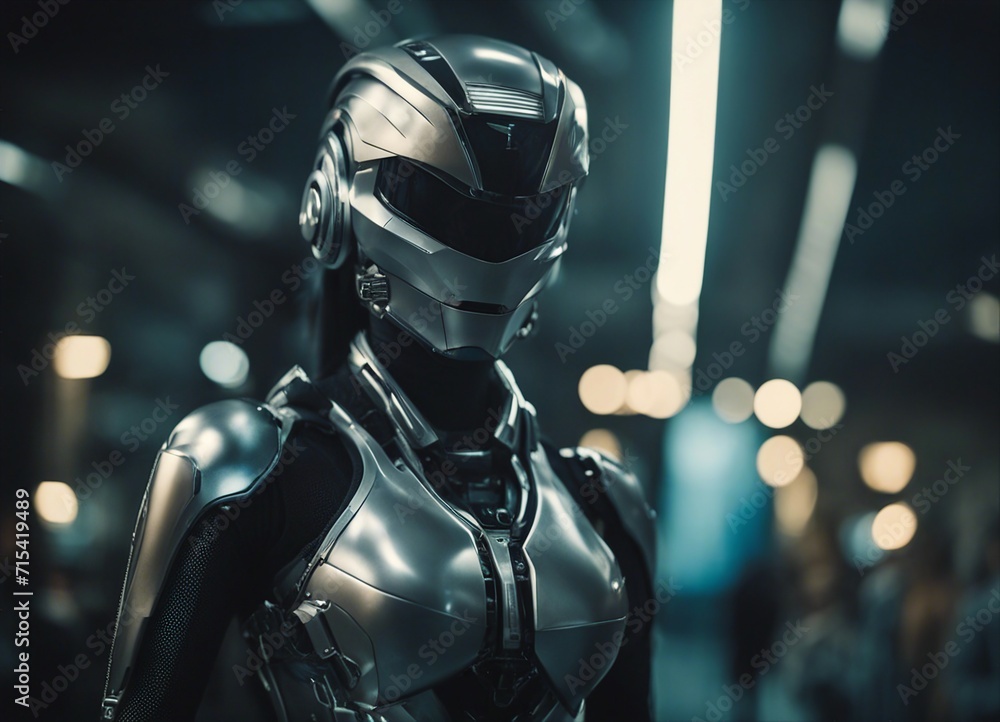 close- up Portrait of beautiful robot woman in cyber suit and helmet close- up Portrait of beautiful robot woman in cyber suit and helmet