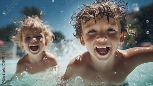 Joyful children laughing in the pool, with water droplets captured in the sunlight. © AdriFerrer