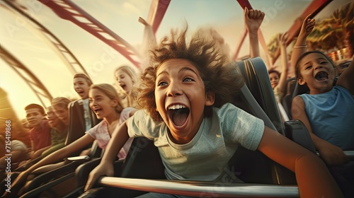 Thrilled child on a rollercoaster ride, pure excitement amidst screams and laughter. photo