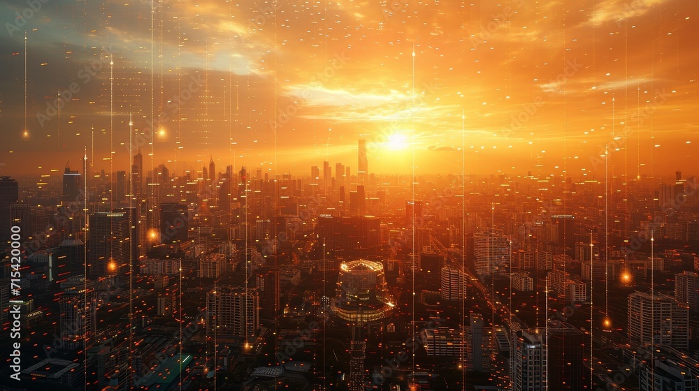 Connected Cityscape: Wireless Technology Powering a Futuristic Metropolis in the Golden Glow of Sunset