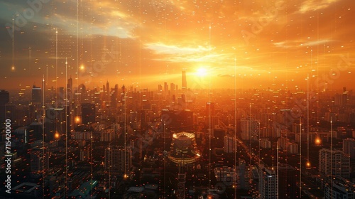 Connected Cityscape: Wireless Technology Powering a Futuristic Metropolis in the Golden Glow of Sunset © MAY