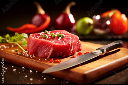 High-quality beef tenderloin, on a wooden board, spices, unusual background. meat for quality cooking.
