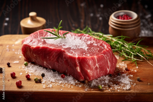 High-quality beef tenderloin, on a wooden board, spices, unusual background. meat for quality cooking.