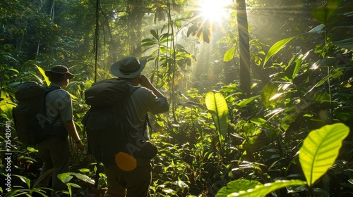 Field Research Expedition: Ecologists Studying Biodiversity in a Dense Rainforest Under Soft Morning Sunlight photo