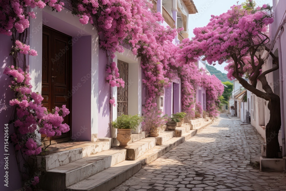  a cobblestone street lined with potted plants next to a building with pink flowers growing on the side of it.