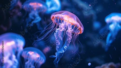Glowing Jellyfish Ballet: Bioluminescent Creatures Dancing in an Oceanic Wonderland at Night © MAY