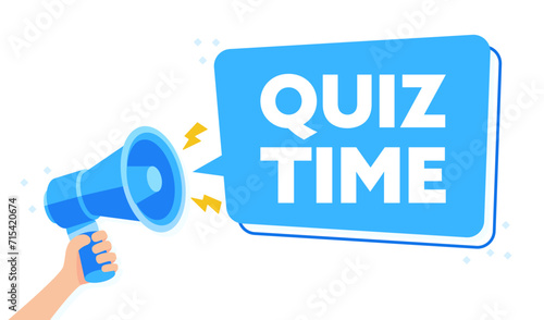 Bright and Engaging Vector Illustration of Hand Holding Megaphone for Quiz Time Announcement