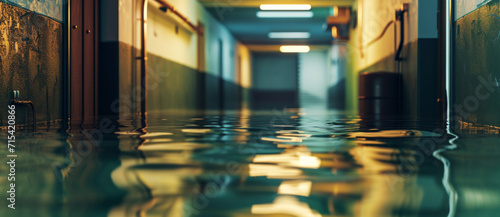 Fotografia Flooding in a corridor from a burst pipe, with reflections of light on the water
