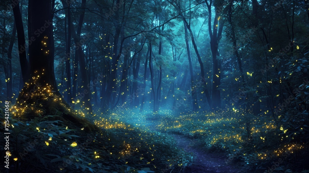 Bioluminescent Forest: Enchanted Fireflies Illuminating a Mystical Grove at Twilight
