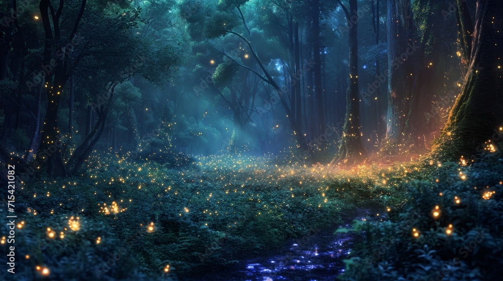 Bioluminescent Forest: Enchanted Fireflies Illuminating a Mystical Grove at Twilight