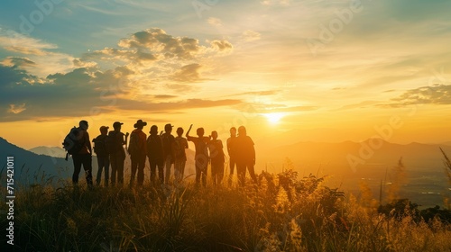 Team Leadership Retreat: Managers Engaging in Team-Building Activities in a Scenic Nature Setting at Sunset #715421011
