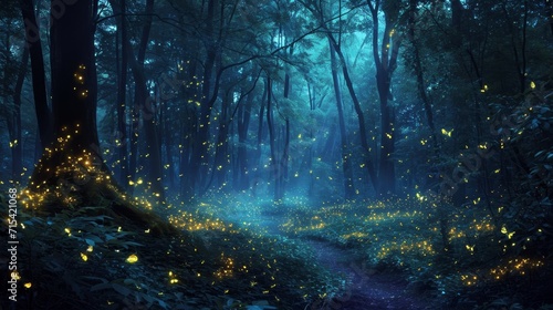 Bioluminescent Forest: Enchanted Fireflies Illuminating a Mystical Grove at Twilight © MAY